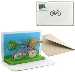 "BICYCLE ON A TREE": 3 D pop-up card with a red bicycle - the ideal gift card/voucher card for a bicycle or invitation for a trip into the countryside