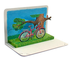 "BICYCLE ON A TREE": 3 D pop-up card with a red bicycle - the ideal gift card/voucher card for a bicycle or invitation for a trip into the countryside