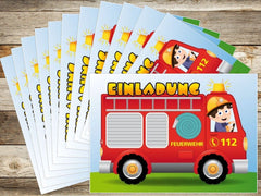 10 FIRE BRIGADE invitation card set: Funny invitations for children's birthdays with fireman and car by EDITION COLIBRI (10982)