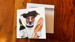 CHICO - THE FRENCHMAN Funny invitation card for dinner or wine tasting; funny dog ​​invites you to dinner with wine and baguette